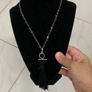 Elegant Silver tone hearts and Black Tassel & crystal Necklace NWOT